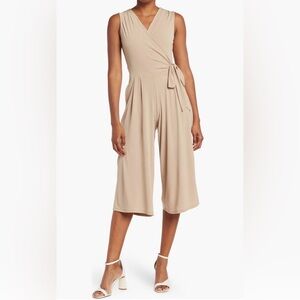 Nina Leonard Beige Tie-Waist Jumpsuit
